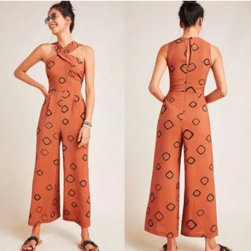 Anthropologie Rust Orange Geometric Twist-Halter Jumpsuit